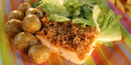 Crispy-Rice Chicken with Roasted Potatoes and Salad