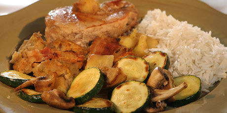 Crock-Pot Apple-Bacon Pork Chops with Rice, Zucchini and Mushrooms