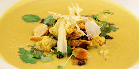 Curry Cauliflower Soup, Currants, Dried Apricots and Toasted Almonds