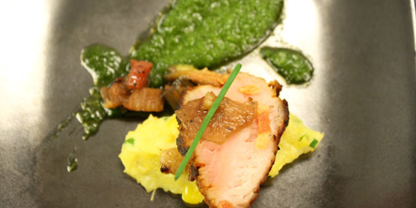 Dry Rubbed Pork Loin with Sweet Corn Polenta, Chimichurri and Roasted Shallot Guanciale Chutney