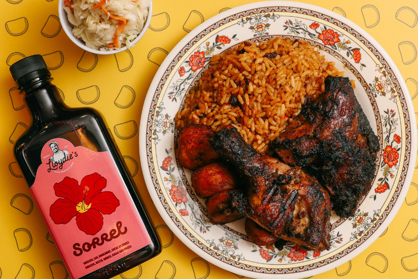 Jerk Chicken and rice and Lloydie's sauce
