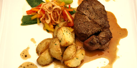 Fillet of Beef with Pommes Sarladaise and Black Peppercorn Sauce