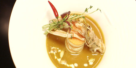 Five Spiced Pumpkin Puree with Lime Yogurt and Curried Langoustines