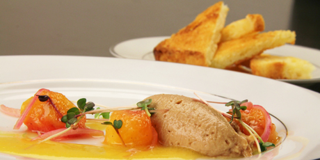 Foie Gras Mousse, Roasted Peaches, Pickled Onions and Brioche