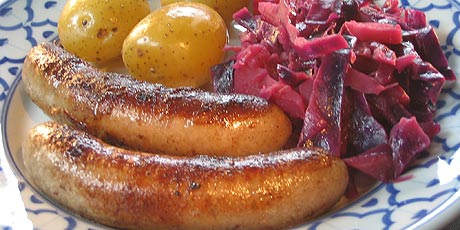 Fried Bratwurst, Sauteed Red Cabbage with Apples and Baby Potatoes