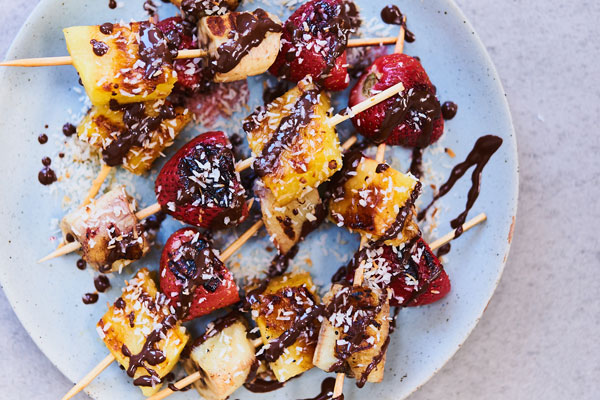 Pineapple, Banana, Strawberry Skewers With Salted Chocolate Drizzle