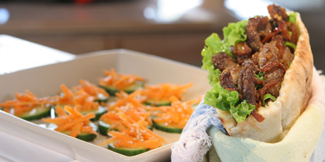 Ginger Beef in Lettuce Wraps with a Pita Holder and Marinated Cucumber-Carrot Aftertisers