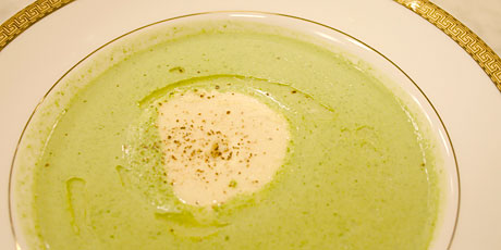 Green Pea Veloute with Smoked Pork Flan