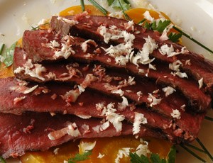 Grilled Beef Heart with Roasted Golden Beets and Horseradish