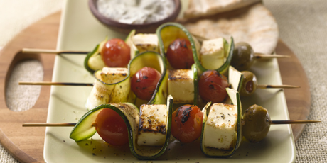 Grilled Canadian Feta and Zucchini Ribbon Skewers with Creamy Lemon, Pepper and Oregano Sauce