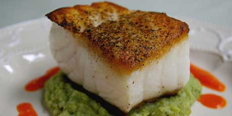 Grilled Sea Bass with Roasted Red Pepper Sauce and Brocolli Puree