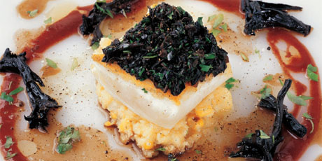 Halibut with Yellow Corn Grits and Red Wine-Corn Sauce