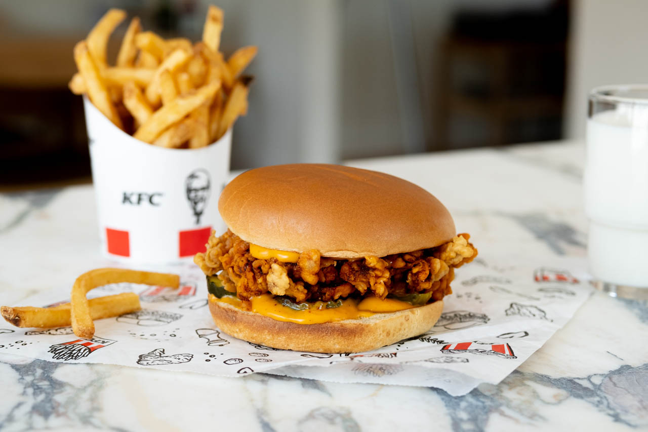 KFC Kentucky Scorcher sandwich with a side of fries and milk