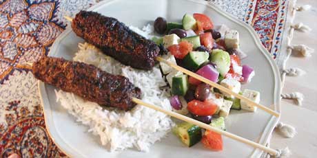 Kebab Koobideh, Rice and Mediteranean-Style Salad