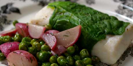 Lettuce-wrapped Halibut with Dill Cream Sauce, Radishes, and Peas