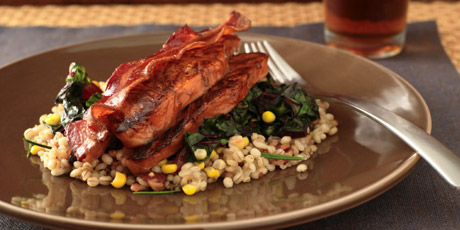 Maple Glazed Salmon Fillets with Bacon Barley, Swiss Chard and Maple Bacon