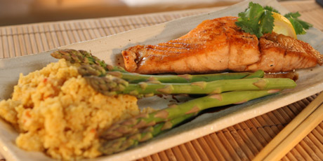 Maple Soy Salmon with Couscous and Asparagus