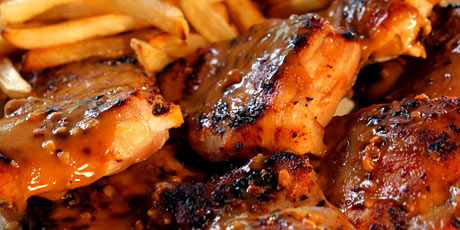 Marinated Thai Thighs with Fries, Apples, Oranges and Yogurt