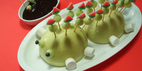 Melon Ball Monster with Dark Fudge Dipping Sauce