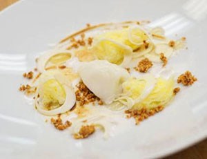 Meyer Lemon Sponge with Burnt Maple Meringue, Heart of Palm Sorbet and Almond Streusel