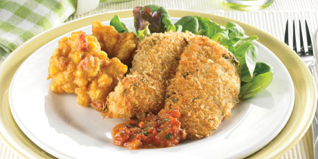 Mustard Crumb Crust Fried Chicken with Corn Fritters and Mediterranean Salsa