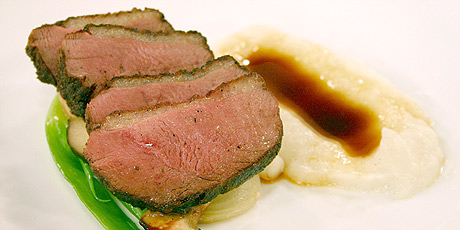 Pan Seared Magret of Duck with Artichoke Vanilla Puree, Braised Vegetables and Star Anise Sauce
