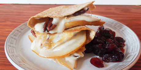Pear and Brie Quesadillas with Cranberry Salsa