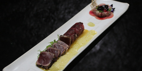 Perilla Crusted Tuna with Japanese Hot Mustard and Yellow Beet Froth
