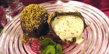 Pistachio Chocolate Tartufo with Sour Cherry Sauce