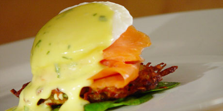 Poached Eggs, Scallion and Potato Pancake with Smoked Salmon and Wilted Spinach