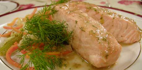 Poached Salmon and Dill Sauce with Vegetable Medley