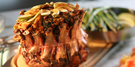 Pork Crown Roast with Cranberry, Rice Stuffing and Asparagus