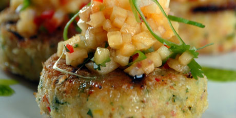 Power Play Crab Cakes with Peach Salsa