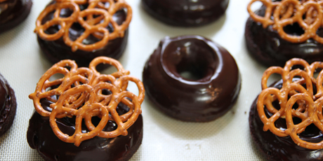 Pretzel-Topped Chocolate Glazed Doughnuts