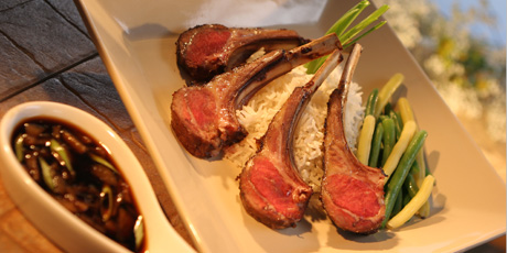 Rack of Lamb with Pear Sauce, Rice and Bean Medley