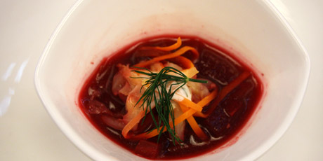 Red Borscht with Braised Cabbage and Dill Lemon Sour Cream