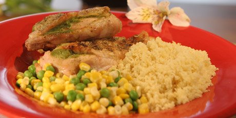 Roast Chicken with Veggie Stuffing, Couscous, Corn and Peas