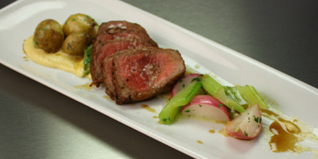 Roasted Beef Striploin, Brown Butter Hollandaise, Baby Vegetables and Beef Jus