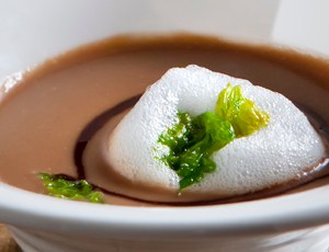 Roasted Chestnut and Green & Black's Organic Milk Chocolate Soup with Pernod Chocolate Reduction