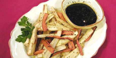 Roasted Parsnips and Carrots with Sesame-Cider Dip