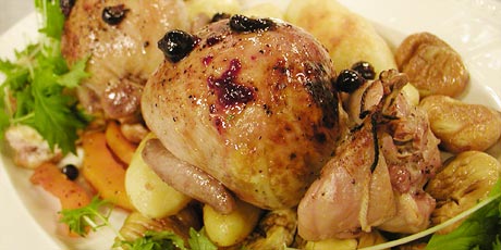 Roasted Quail with Sweetbread Stuffing and Cassis Sauce