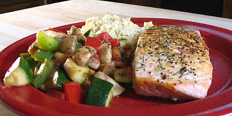Salmon Filets with Rice and Mediterranean Vegetables