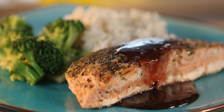 Salmon with a Cranberry and Lime Sauce, Rice and Broccoli