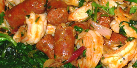 Sautéed Shrimp &amp; Merguez over Spinach