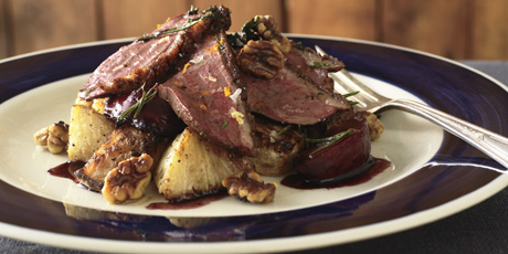 Seared Duck Breast with Roasted Plums and Celeriac