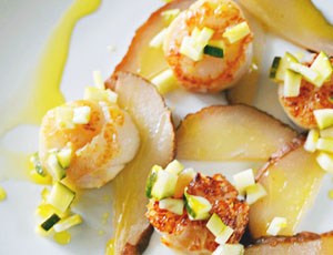 Seared Scallops with Roasted Pear and Pickled Zucchini