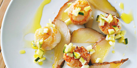 Seared Scallops with Roasted Pear and Pickled Zucchini