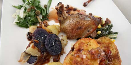 Seared Squab Breast with Confit Legs, Lyonnaise Potatoes, Wild Berry Jus, Pain Perdu, Crispy Bacon and Herb Salad