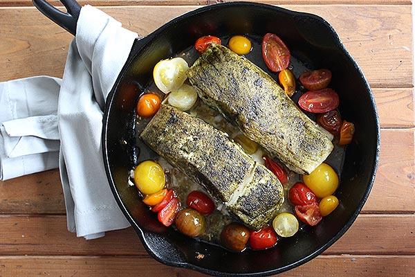 Seaweed-Crusted Halibut with Cherry Tomatoes