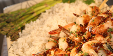 Shrimp Brochettes in a Black Bean Sauce, Rice and Asparagus